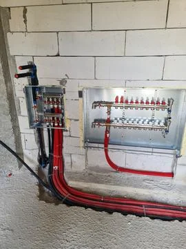 Underfloor heating system on the wall of a house under construction, close-.. Stock Photos