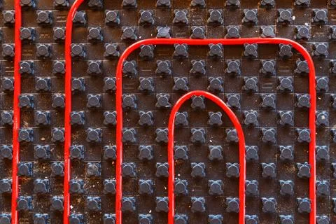 Underfloor surface heating pipes. Low temperature heating concept Stock Photos