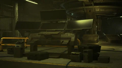 Underground assembly area featuring shadowy benches and complex components Stock Footage 333555153