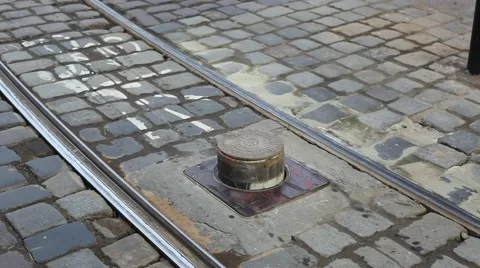 Underground barrier. Pillar regulates passage of trams on the street Stock Footage 47864002