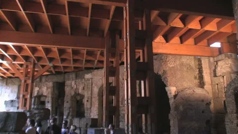 The underground basement beneath the wooden floor of the Colosseum Stock Footage 155295489