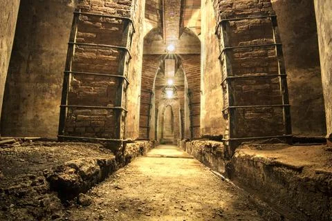 Underground brick crypt showing ancient dark tunnel passage 스톡 사진