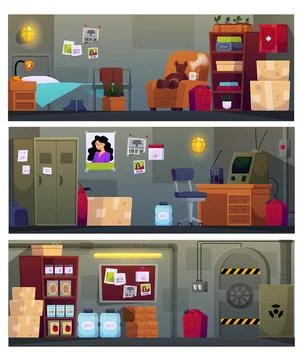 Underground bunker interior vector set, cartoon basement shelter room with Stock Illustration
