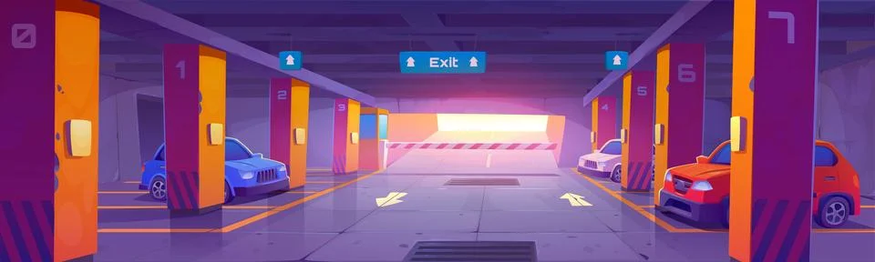 Underground car parking interior with exit. Ilustración de archivo