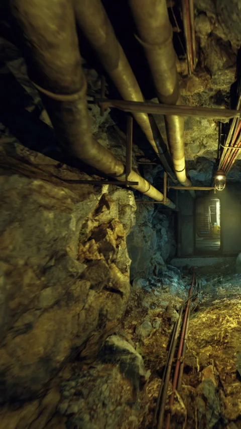 Underground cave system with pipes and tracks in dim light at night Stock Footage 339948736