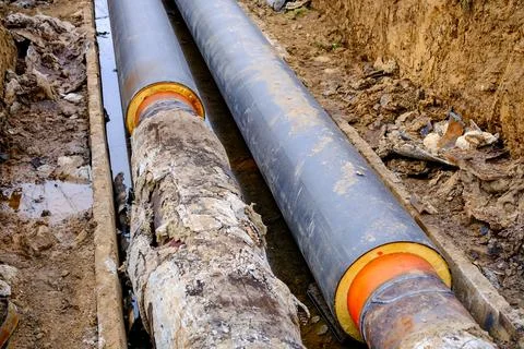 Underground district heating pipeline installation with insulated pipes in .. Stock Photos