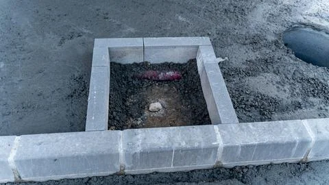 Underground Drainage Pipe Exposed During Sidewalk Construction Work Stock Photos
