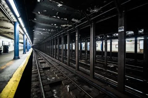 Underground Empty Subway Station Dock in New York City on line tree. Stock-Fotos