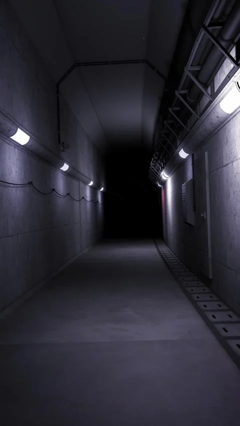 Underground Facility Corridor with Industrial Lighting turning on sequentially. Stock Footage 308882022