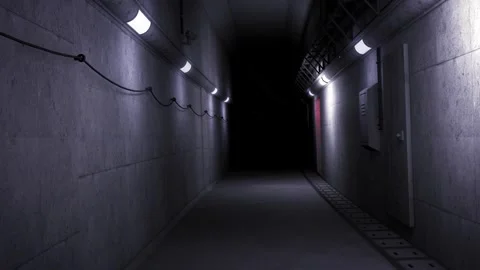 Underground Facility Corridor with Industrial Lighting turning on sequentially. Stock Footage 308882028