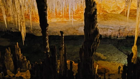 Underground Lake with crystal clear transparent smooth water in a rocky cave. Stock Footage 249341271