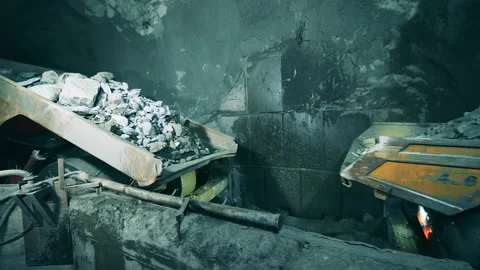 Underground mine with trucks unloading ore Video stock 158355738