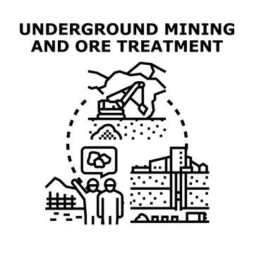 Underground mining and ore treatment process flat color Stock Illustration