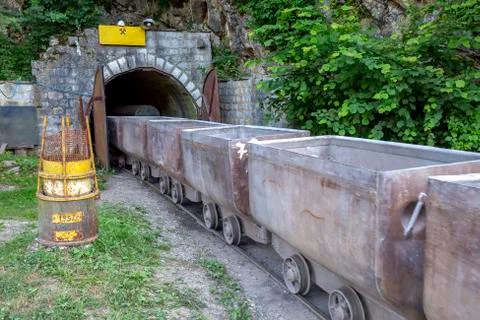 Underground mining carts for transporting materials from the coal mine. Stock Photos