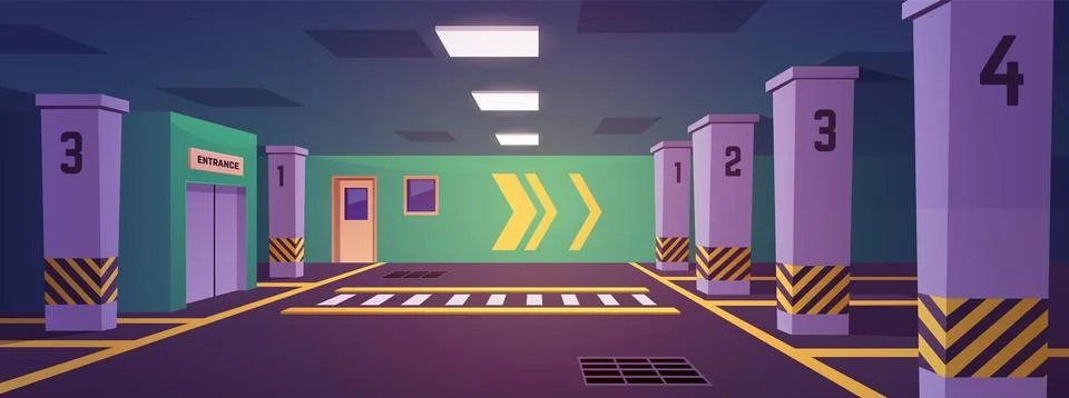 Underground parking with elevator, door, numbered spaces, markings, burning Stock Illustration