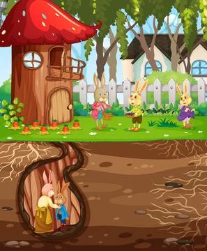 Underground rabbit hole with ground surface of the garden scene Stock Illustration