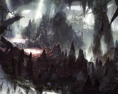 Underground stalactites cave tunnel system with silver shining water Stock Illustration