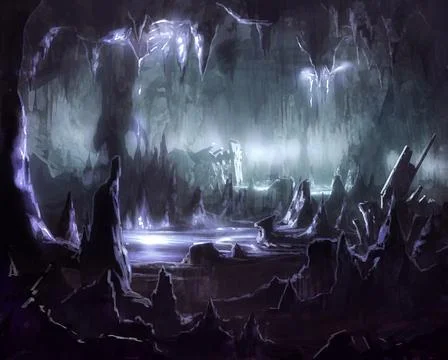 Underground stalactites cave tunnel system with silver shining water イラスト素材