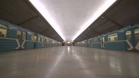 Underground station in Moscow with two passing trains Stock Footage 61235672
