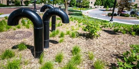 Underground structure manhole ventilation pipe in the shape of a candy cane. Foto stock