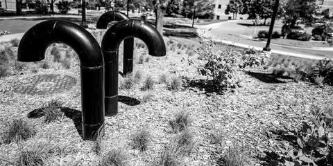 Underground structure manhole ventilation pipe in the shape of a candy cane. Foto stock