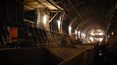 Underground subway passes during its construction. Construction of a new metro Video stock 93802194