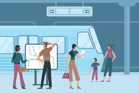 Underground subway station interior with passengers and electric train in tunnel Illustrazione stock