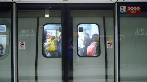 Underground Subway Train Doors Closing - Hong Kong Stock Footage 92043529