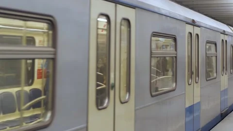 Underground subway train moving from the station Stock Footage 149321838