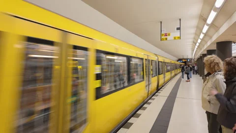  Underground train arriving at U-Bahn station in Berlin.  Stock Footage 317440177