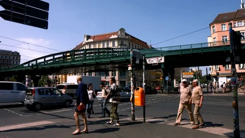 Underground train passing on a bridge in Berlin Prenzlauer Berg Stock Footage 72000728