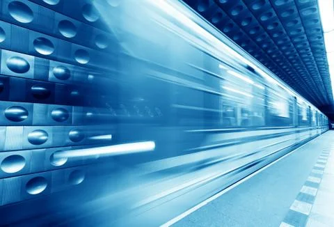 Underground train, subway in motion. Blue tint Stock Photos