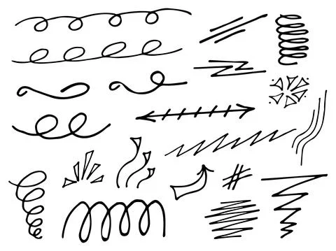 Underlines and curly lines doodle set isolated on white background. Stock Illustration