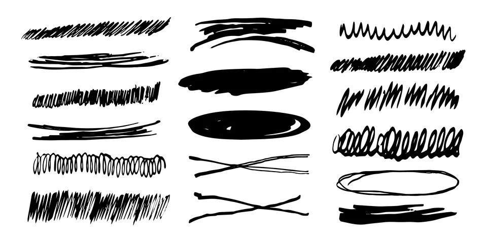 Underlines emphasis set brush stroke, marker lines grunge curve, wavy marks Stock Illustration