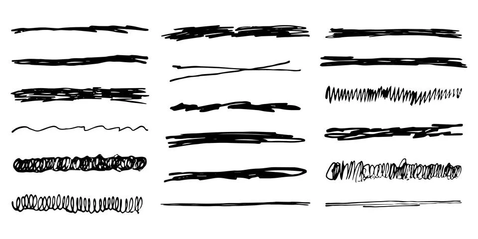 Underlines emphasis set brush stroke, marker lines grunge curve, wavy marks Stock Illustration