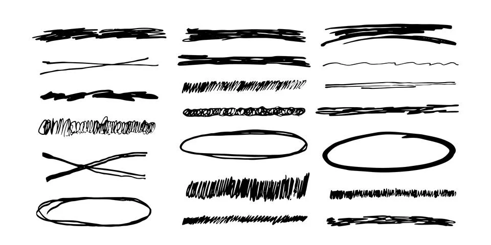 Underlines emphasis set brush stroke, marker lines grunge curve, wavy marks Stock Illustration