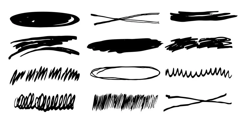 Underlines emphasis set brush stroke, marker lines grunge curve, wavy marks Stock Illustration