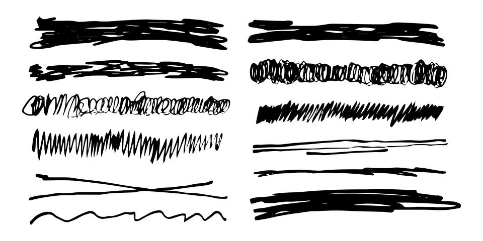 Underlines emphasis set brush stroke, marker lines grunge curve, wavy marks Stock Illustration