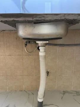 Undermount Kitchen Sink Drainage Pipe Installation Full View Fotos de archivo