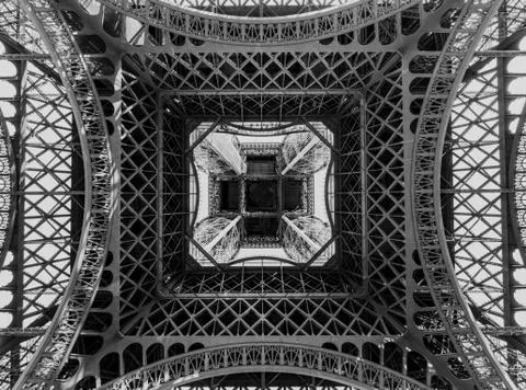 Underneath the Eiffel Tower black and white Stock Photos