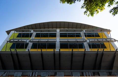 Underneath An Imposing Modern Building Design Stock Photos