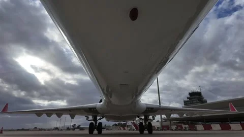 Underneath a Jet Airplane: A Ground Level Perspective Under a Clouded Sky Stock Footage 304140816