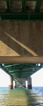 Underneath the Mackinac Bridge Over Blue Water Stock Photos