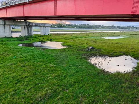 Underneath a Red Bridge with Reflection in Water Puddles and Green Meadow Foto stock