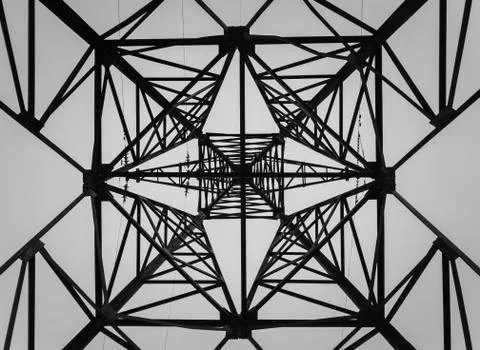 Underneath a truss pillar construction. Different geometric shapes, patterns  Stock Photos
