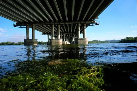 Underneath View of Concrete Bridge over Dnipro River in Kamianske, Ukraine Stock Photos