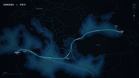 Undersea Cable Route Map From Annaba To Poti Stock Footage 344036357