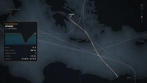 Undersea Cable Route Map From Athens To Alexandria Video stock 344036525