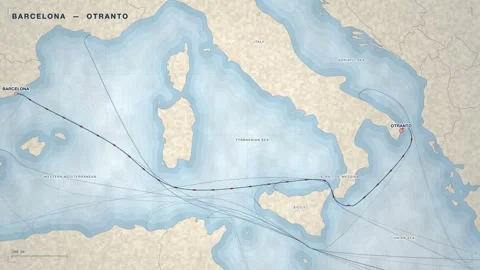 Undersea Cable Route Map From Barcelona To Otranto Vídeos de archivo 344038240