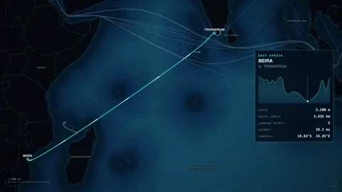 Undersea Cable Route Map From Beira To Trivandrum Stock Footage 344036488